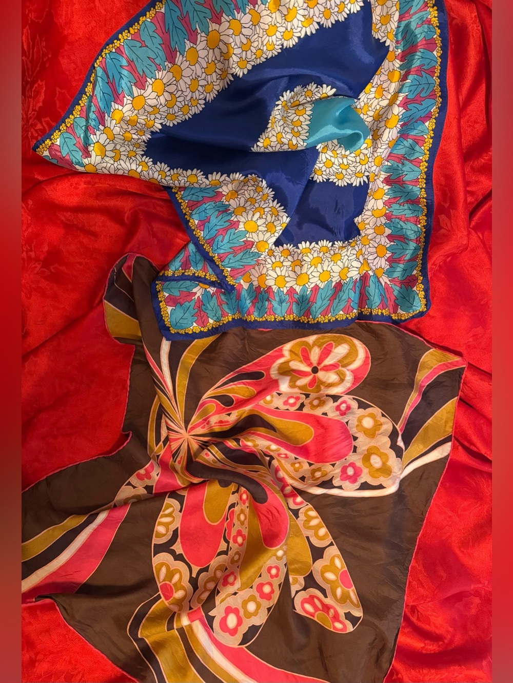 Vintage Vibrant Floral Scarves - Blue Daisy & Brown Retro Floral set of 2